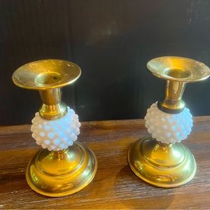 Milk glass hobnail and brass candlesticks. MCM